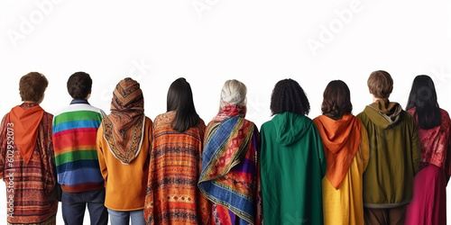 People of different nationalities in bright national clothes, viewed from the back and on an isolated background. Generative AI