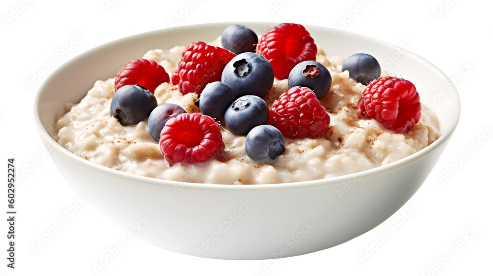 Bowl of oatmeal porridge with blueberries and raspberries isolated on transparent background. PNG format
Bowl of oatmeal porridge with blueberries and raspberries isolated on transparent background. PNG format
