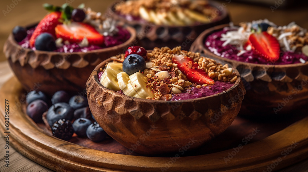 Acai bowl, superfood in the wood bowl, blueberries, strawberry healthy food with generative ai technology