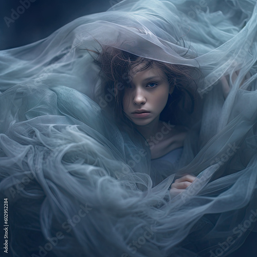 portrait of a woman covered in smoke. Generative AI image.