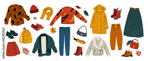 Cartoon autumn clothing. Fall season wears. Shoes and accessories. Knitted scarves. Hats and gloves. Folding umbrella. Trousers and sweater. Garish vector isolated casual clothes set
