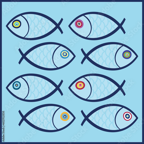 The fish with colored Evil Eye beads on their eyes. Grunge hand drawn Turkish evil eye. Mandala greek evil eye. Symbol of protection in Turkey, Greese, Cyprus. Amulet from evil eye. Nazar. 