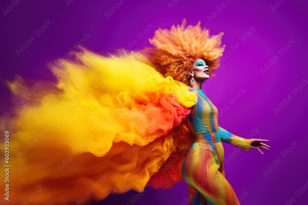 Drag queen with the rainbow flag colors on the background. Pride ...
