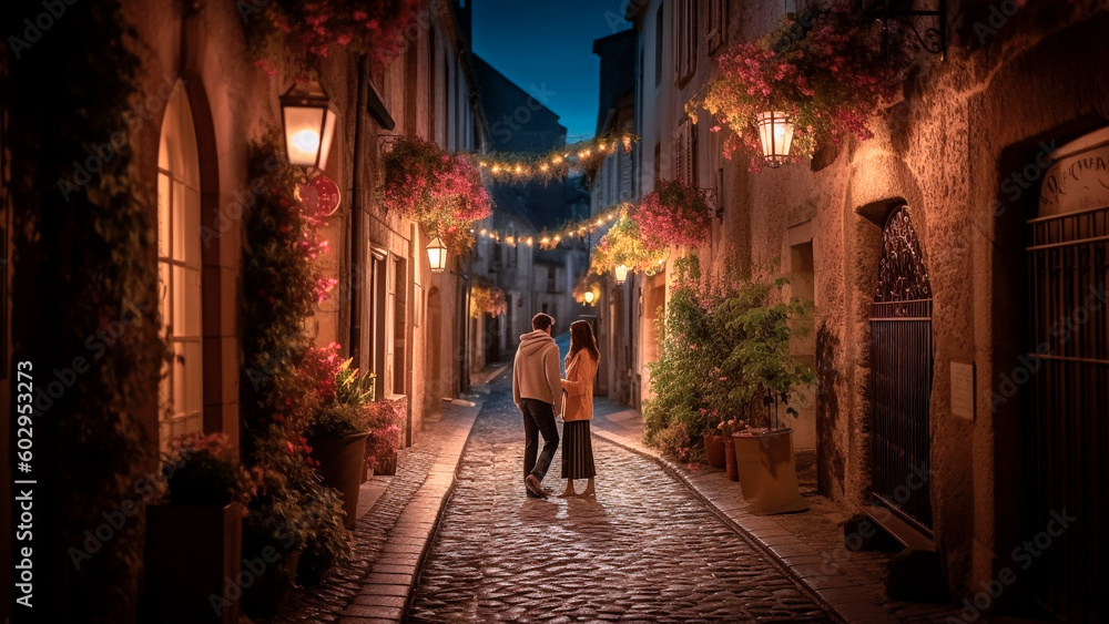 A romantic evening scene of a couple strolling down a quaint cobblestone street. Generative AI