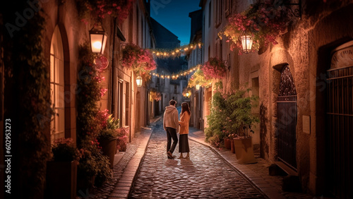 A romantic evening scene of a couple strolling down a quaint cobblestone street. Generative AI © art4all