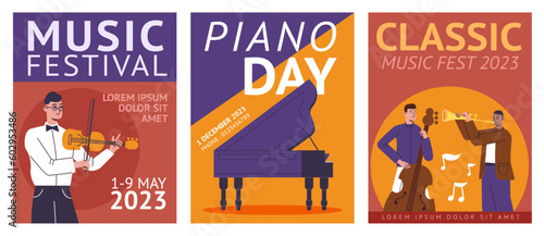 Classic music concert posters. String and wind instruments. Musicians characters. Invitational banners. Symphony orchestra. Acoustic performance. Vector musical festival cards design set