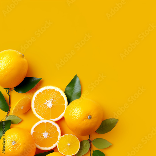 Top view of orange arrangement with green leaves and fresh looking waterdrops on yellow background. Minimal concept, flat lay, summer look template