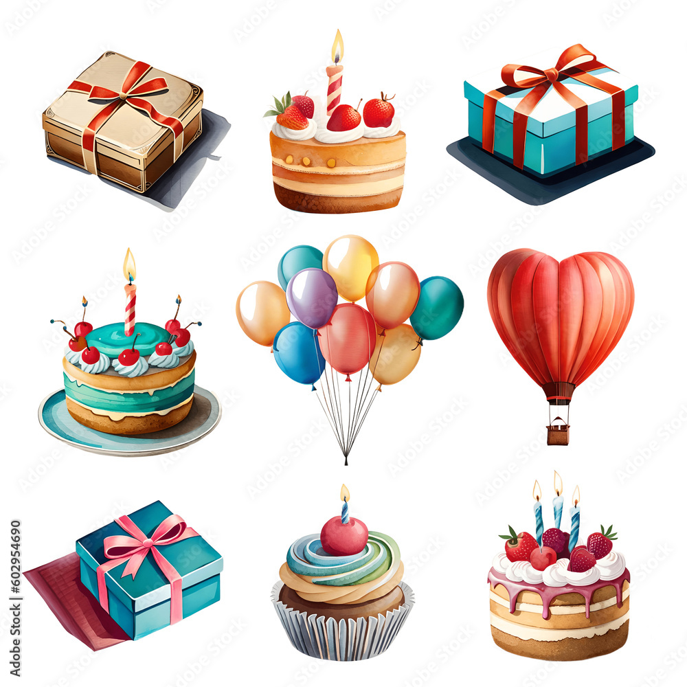 Birthday cake with candles, gift boxes and balloons set on transparent ...