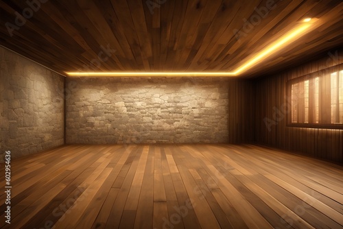 Wallpaper Mural Empty room interior decoration wooden floor with neon light, stone wall concept. - generative ai
 Torontodigital.ca