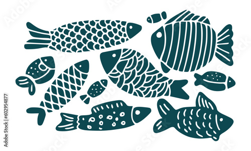 graphic set of different fish. Vector illustration isolated on white background