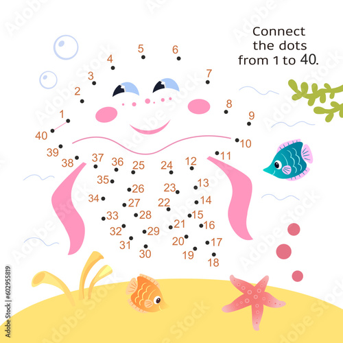 Connect the dots from 1 to 40. Educational game for kids. Cute jellyfish underwater in ocean. Activity page for children. Vector illustration. 