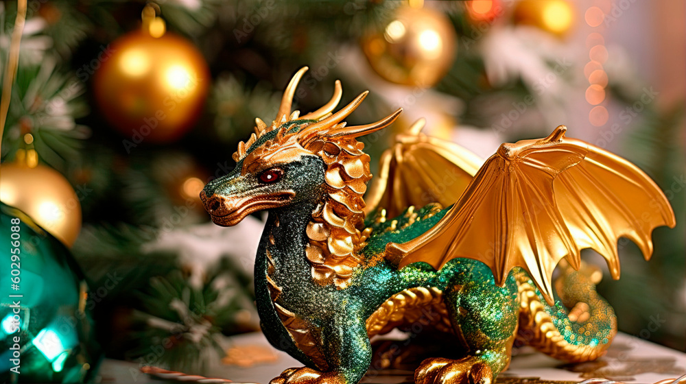 New Year's decoration green dragon on the background of a Christmas tree. Generative AI.