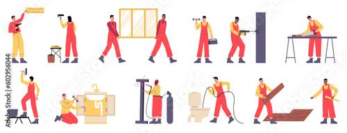 House renovation cartoon workers. People in workwear paint walls and repair plumbing. Install window and air conditioner. Man welds metal structure. Vector builders brigade works set photo