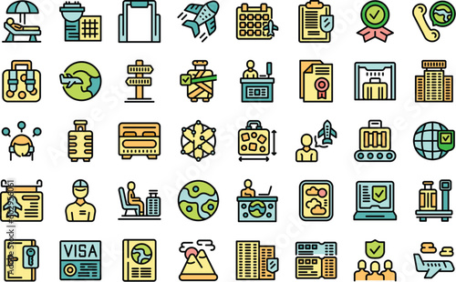 Travel agent icons set outline vector. Abroad journey. Go tourism thin line color flat on white