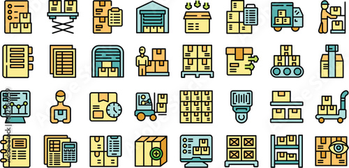 Storekeeper icons set outline vector. Worker wood. House inventory thin line color flat on white