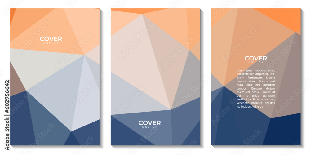 set of flyers with elegant modern blue and orange geometric background with triangles shape