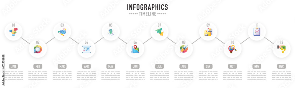 Circular timeline infographic template or element with 12 months, step ...