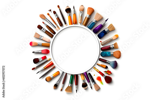 brushes and tools for painting arranged in a circle on a white background with space for text, generative ai
