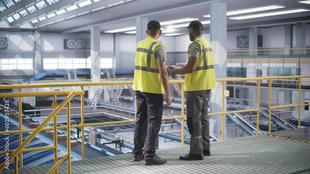 Delivery Station Warehouse Associates Having a Conversation at a Modern Logistics Center. Workers Using Tablet to Manage the Automated Conveyor Belt Load, Prepare Online Shopping Orders for Delivery Delivery Station Warehouse Associates Having a Conversation at a Modern Logistics Center. Workers Using Tablet to Manage the Automated Conveyor Belt Load, Prepare Online Shopping Orders for Delivery