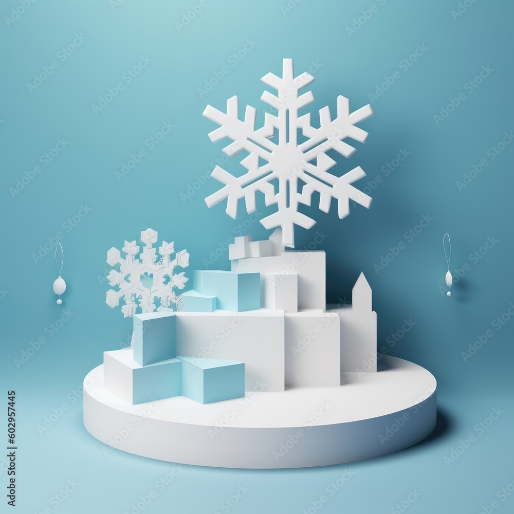 Sky blue 3d banner with snowflakes, winter. Winner stage, pedestal. The first place. Place for text. spotlight. Winter sale, discount poster. Christmas