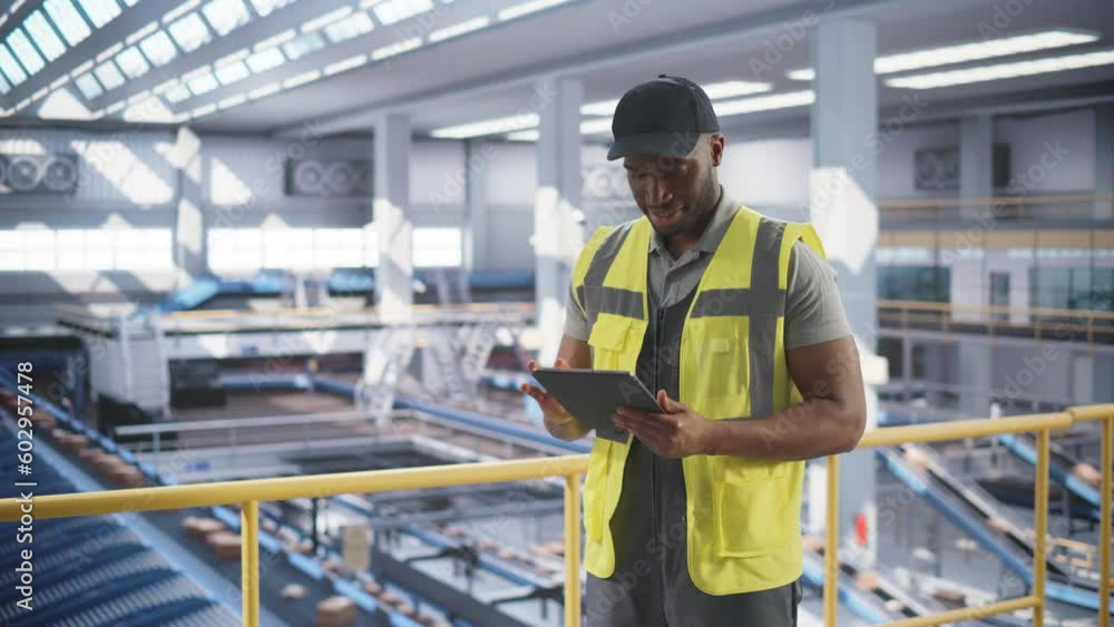 Black Employee Working at a Modern Logistics Center for an International Online Shopping Corporation. African Man Using a Tablet Computer to Optimize the Orders Before Delivery Black Employee Working at a Modern Logistics Center for an International Online Shopping Corporation. African Man Using a Tablet Computer to Optimize the Orders Before Delivery