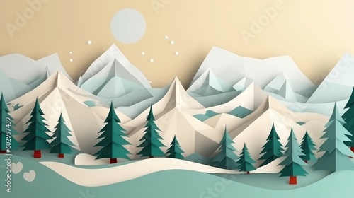 Mountain winter landscape with fir trees and snow. 3d origami, paper. Space for text, winter, holidays, christmas