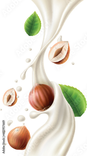 Realistic nuts in milk. Hazelnut and cream liquid flow motion. Vegetarian beverage. Filbert taste. Fluid splashing with drops. Alternative dairy product. Vector hazels and milky splash