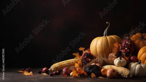 Composition of pumpkins, corn, vegetables. Thanksgiving Day. Autumn banner. Autumn. Place for text