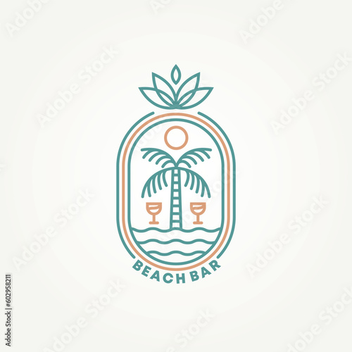 minimalist beach bar summer club badge logo template vector illustration design. simple modern tropical coconut palm tree with cocktail emblem logo concept