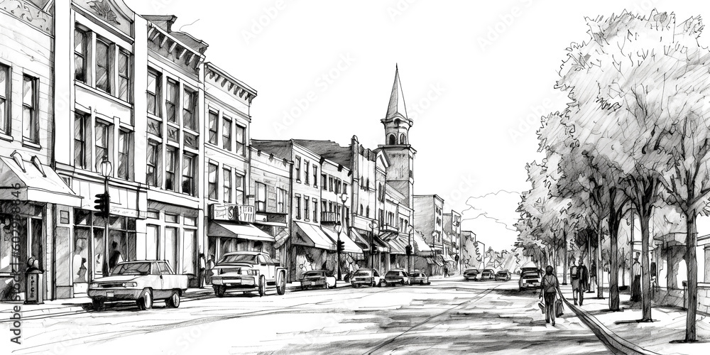 A pen and ink drawing of downtown Greenville in South Carolina was created using generative AI - generative ai.