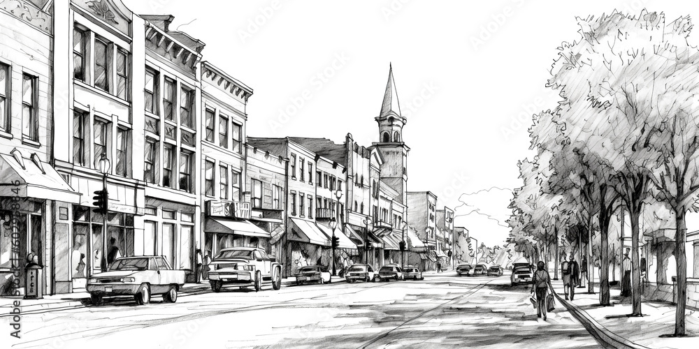 A pen and ink drawing of downtown Greenville in South Carolina was created using generative AI - generative ai. A pen and ink drawing of downtown Greenville in South Carolina was created using generative AI - generative ai.