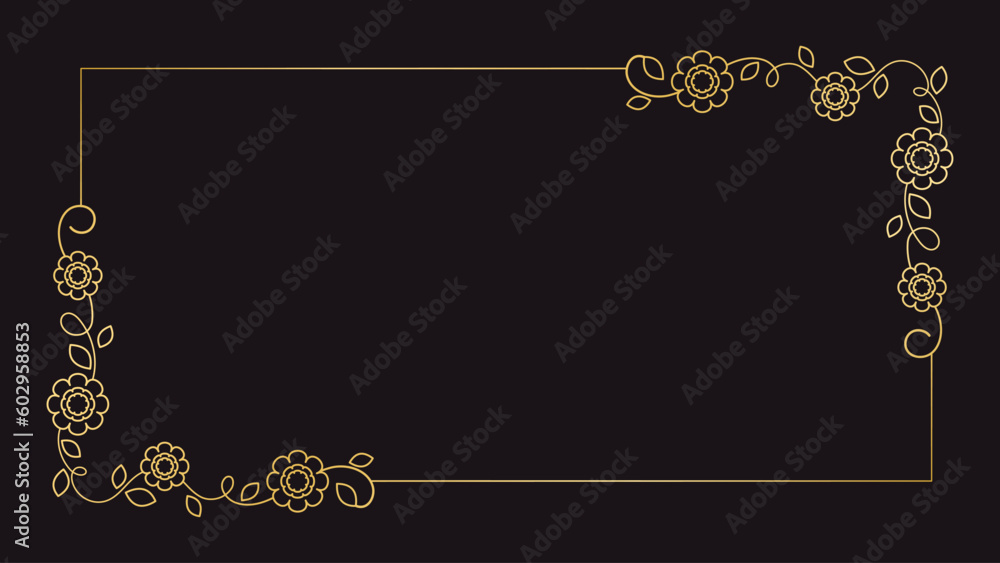 Gold floral rectangle frame. Simple line border, leaves and flowers, wedding invitation and cards, logo design and posters template. Elegant minimal style floral vector isolated