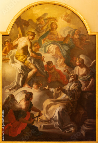 NAPLES, ITALY - APRIL 22, 2023: The painting of Ecstasy of St. Nicholas in the church Basilica dell Incoronata Madre del Buon Consiglio by Giuseppe Simonelli (1650 - 1710).