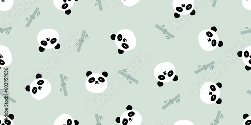 Cute panda face and bamboo leaf doodle cartoon pattern