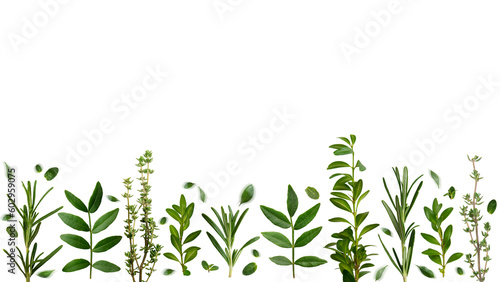 Herbal background of thyme rosemary and other leaves on white background flat lay