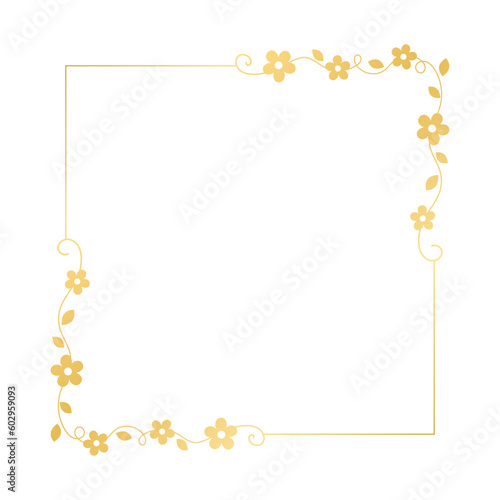 Gold floral square frame. Elegant line border, leaves and flowers, wedding invitation and cards, logo design and posters template. Simple minimal style botanical vector art.