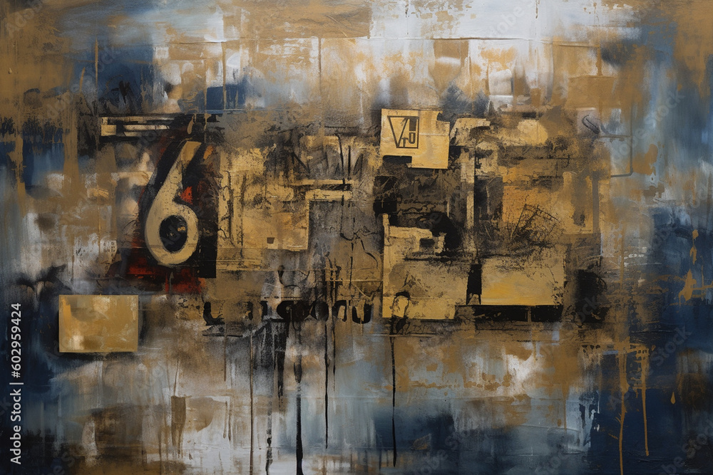 Industrial Fusion: A Captivating Large Canvas Painting with Collages, Paint, and Blue-Sepia Hues AI generated