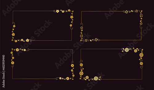 Gold Floral rectangle frame set. Simple line border, leaves and flowers, wedding invitation and cards, logo design and posters template. Elegant minimal style floral vector isolated