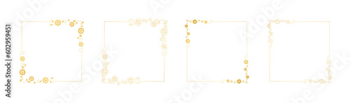 Botanical gold square frame set. Simple line border, leaves and flowers, wedding invitation and cards, logo design and posters template. Elegant minimal style floral vector isolated