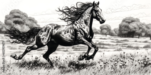 A pen and ink drawing of a black stallion horse running was created - generative ai.