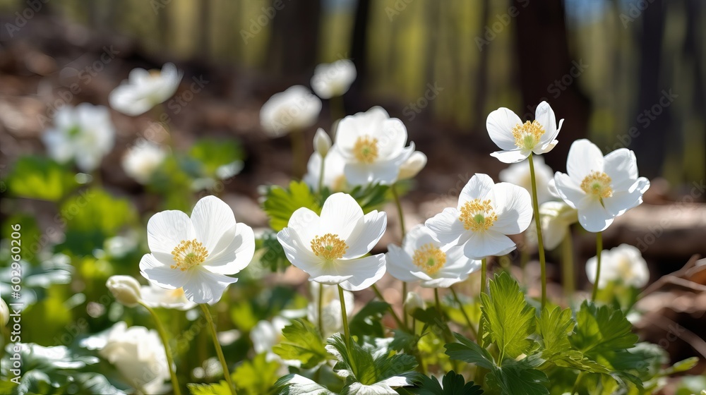 Beautiful white flowers of anemones in spring in a forest close-up in sunlight in nature. Spring forest landscape with flowering primroses, white spring flowers, white crocus flowers, Generative AI Beautiful white flowers of anemones in spring in a forest close-up in sunlight in nature. Spring forest landscape with flowering primroses, white spring flowers, white crocus flowers, Generative AI