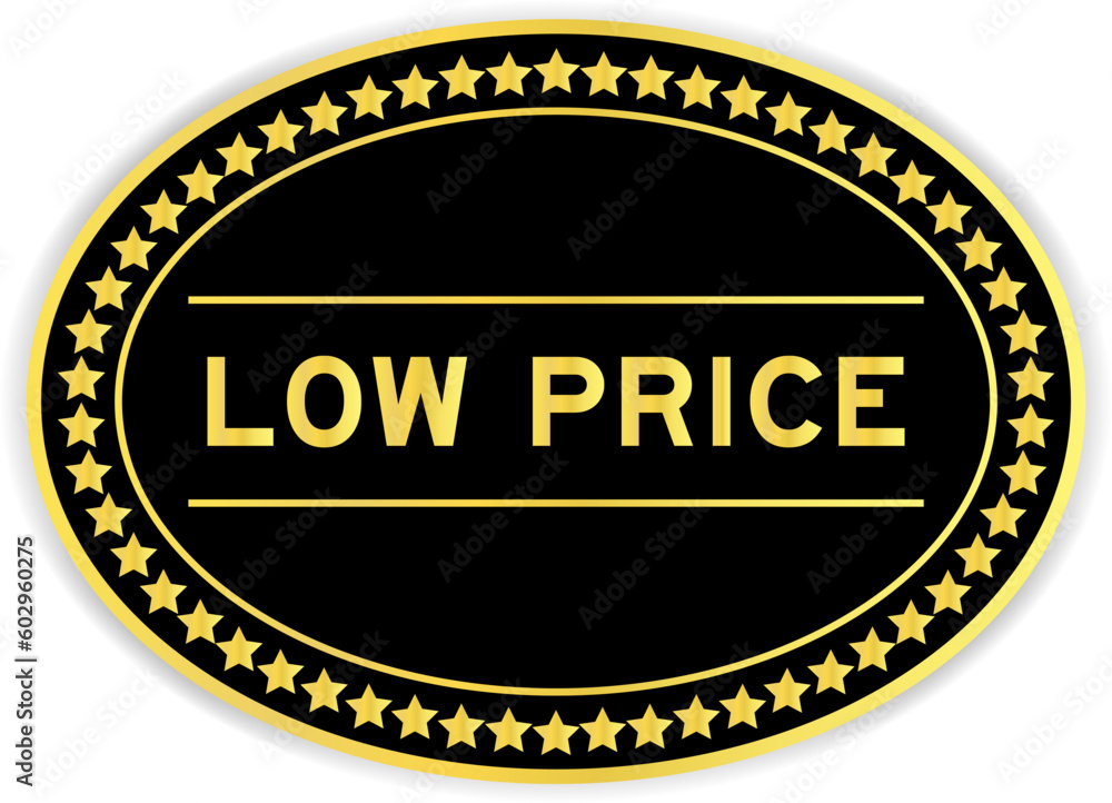 Black and gold color oval label sticker with word low price on white background