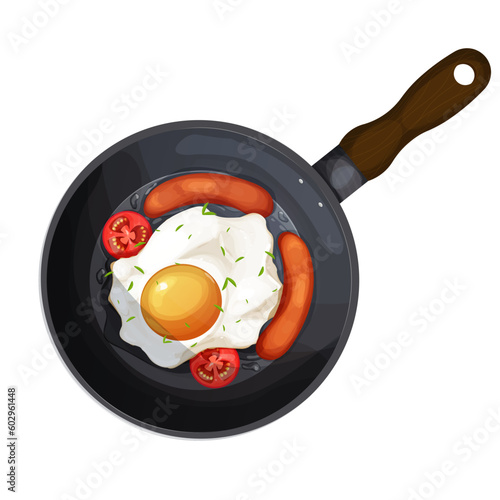 Fried egg sausages and tomatoes on skillet top view in cartoon style isolated on white background. Breakfast meal