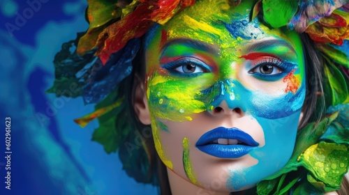 Fashion environmental concept make-up, green planet, save the world. Generative AI