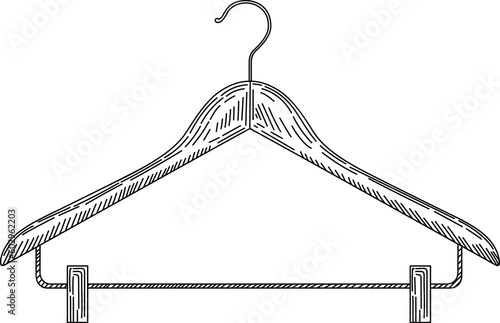 Wooden coat hanger with clothespins in vintage engraved style. Sketch of coat hanger.