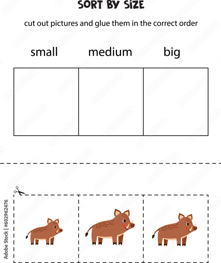 Sort cute boars by size. Educational worksheet for kids.