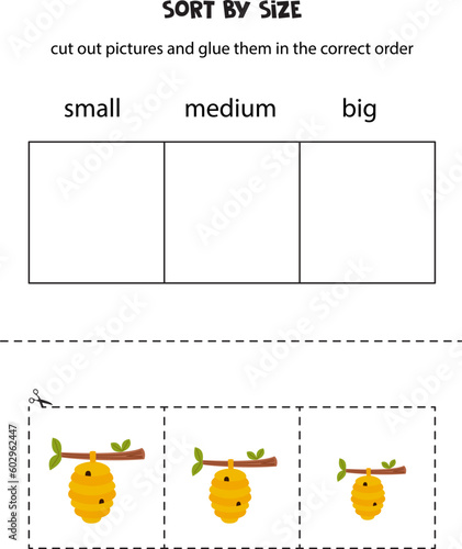 Sort bee hives by size. Educational worksheet for kids.
