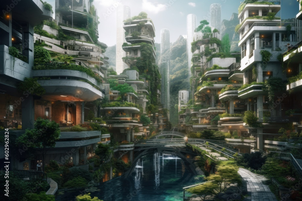Concept of a futuristic and eco-friendly city of tomorrow. A cityscape with abundant lush greenery and open architecture seamlessly integrated into the natural environment. Generative A.I. technology.