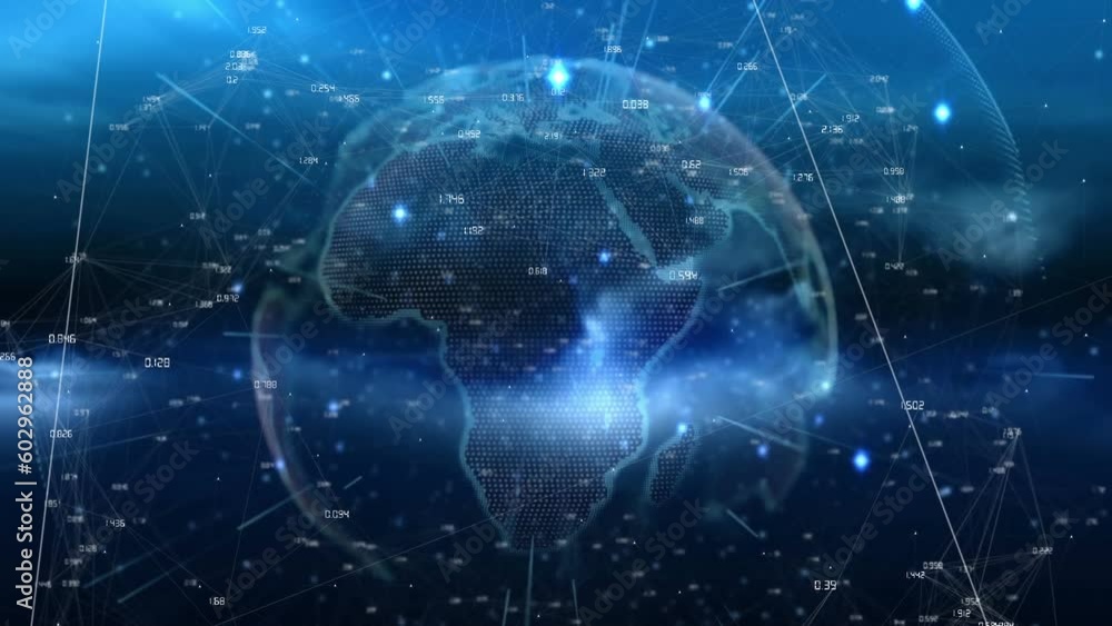 Animation of light trails over spinning globe against blue background Animation of light trails over spinning globe against blue background