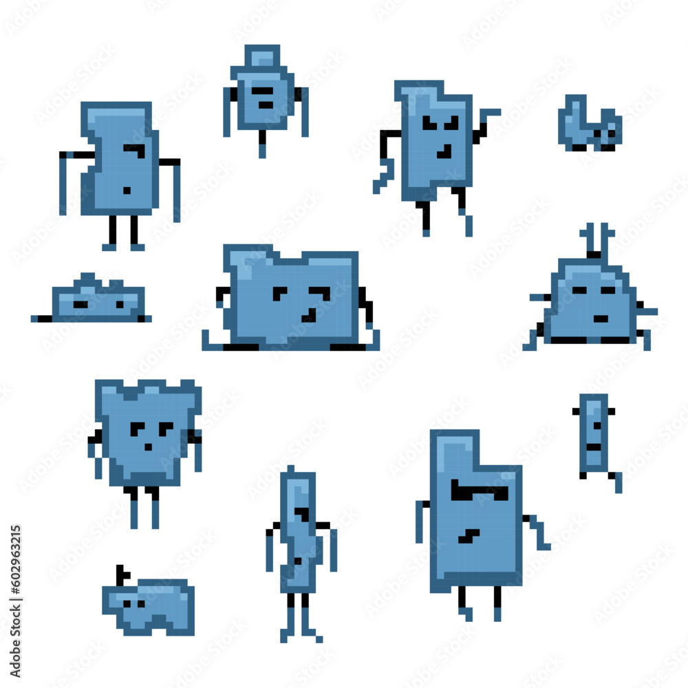 Set of funny stickers with characters in pixel art style